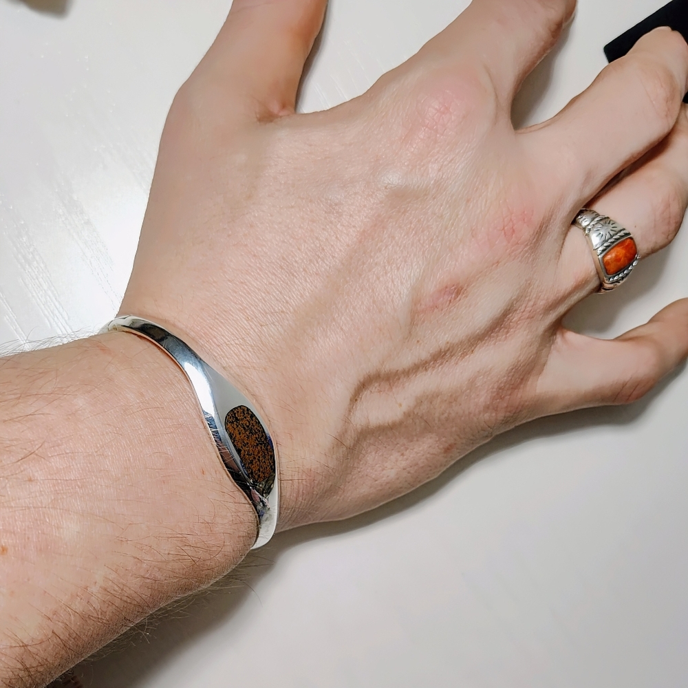 Vintage TAXCO Sterling Silver Hinged Bracelet Brown/black Jasper Inlay Unisex - Picture 10 of 13